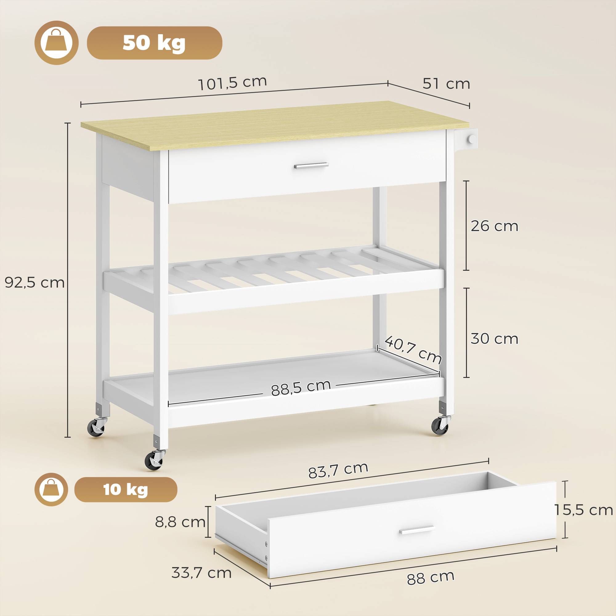 Desserte de cuisine à roulettes, îlot central cuisine avec plan de travail, tiroir, étagères, porte-serviettes, blanc - Image 5