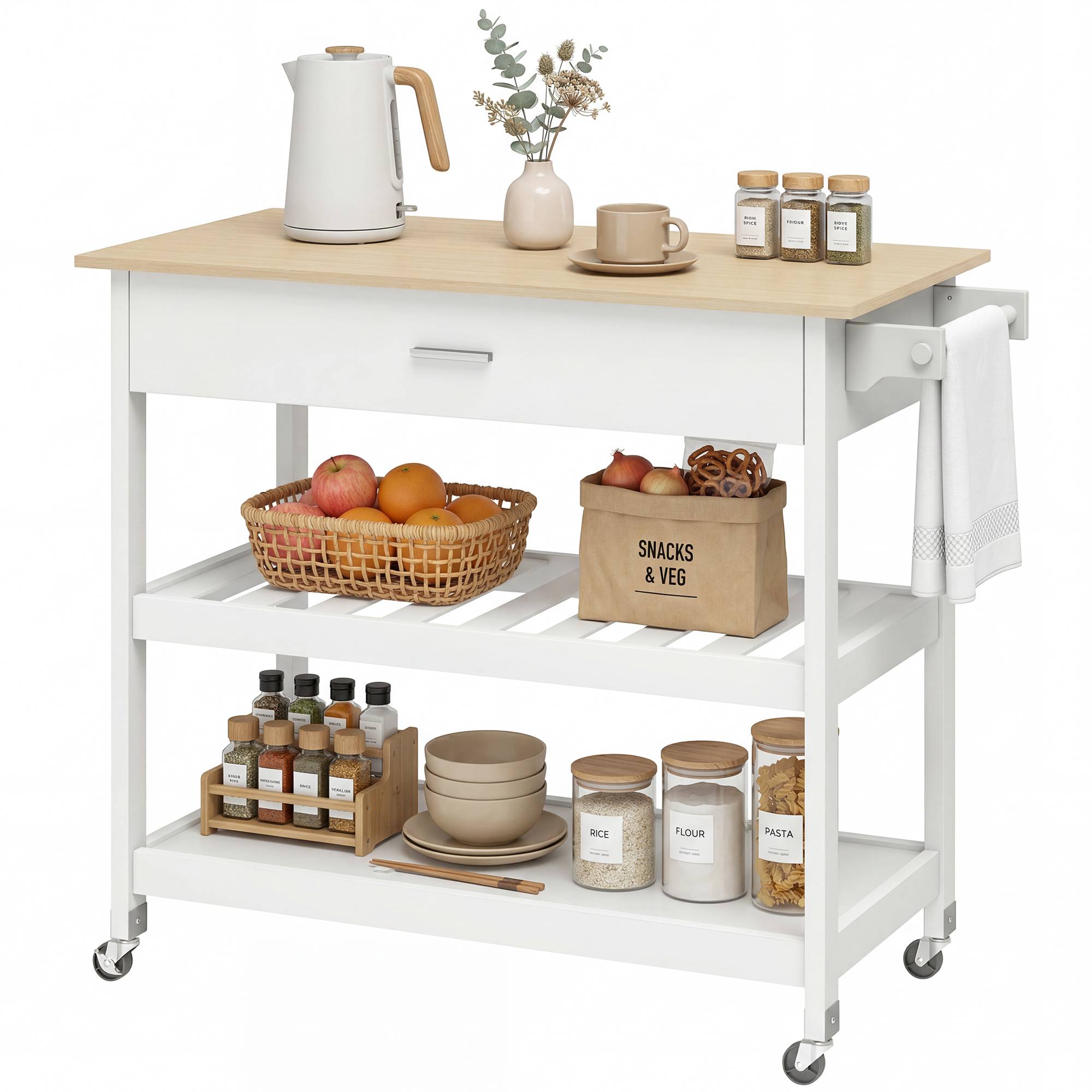 Desserte de cuisine à roulettes, îlot central cuisine avec plan de travail, tiroir, étagères, porte-serviettes, blanc - Image 1