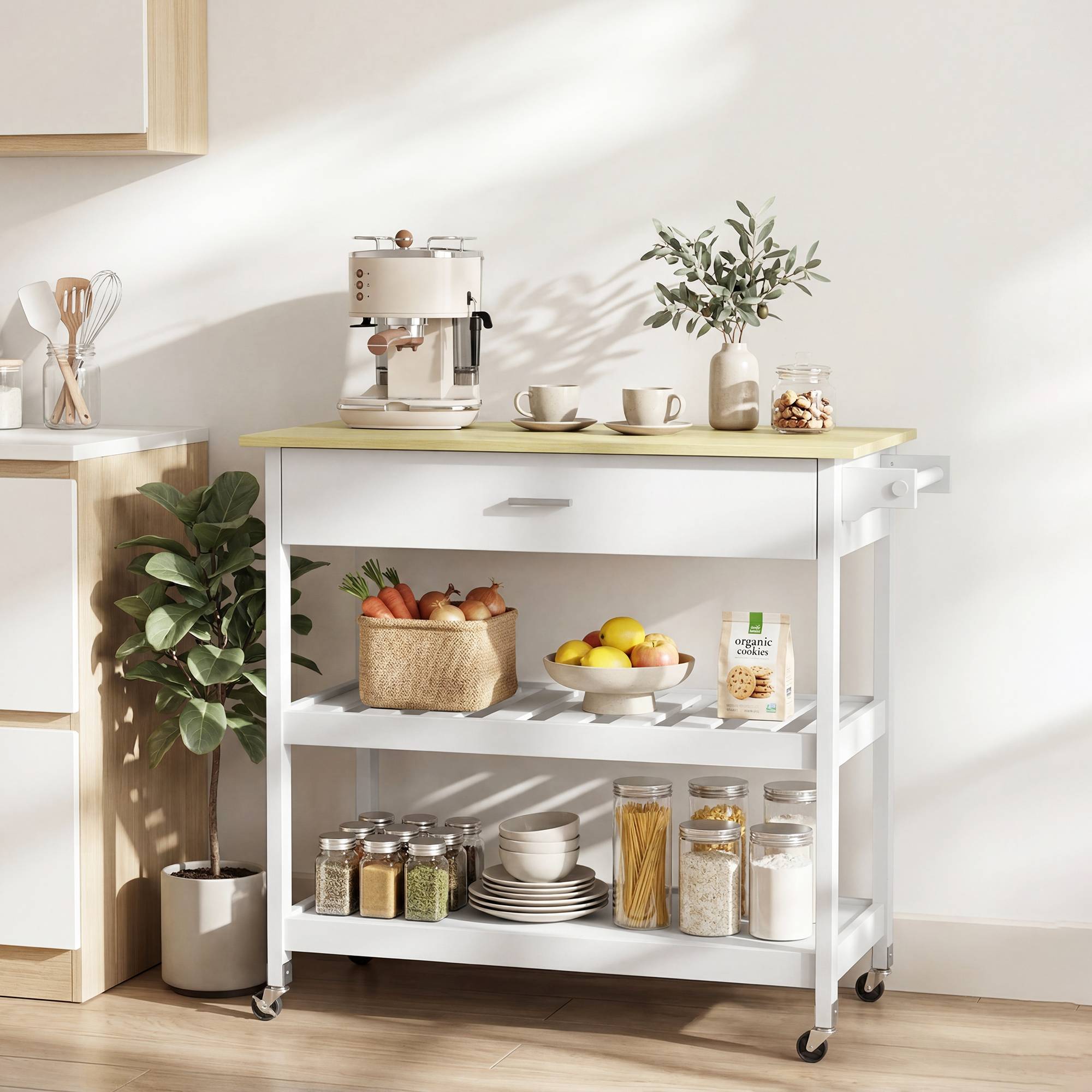 Desserte de cuisine à roulettes, îlot central cuisine avec plan de travail, tiroir, étagères, porte-serviettes, blanc - Image 4