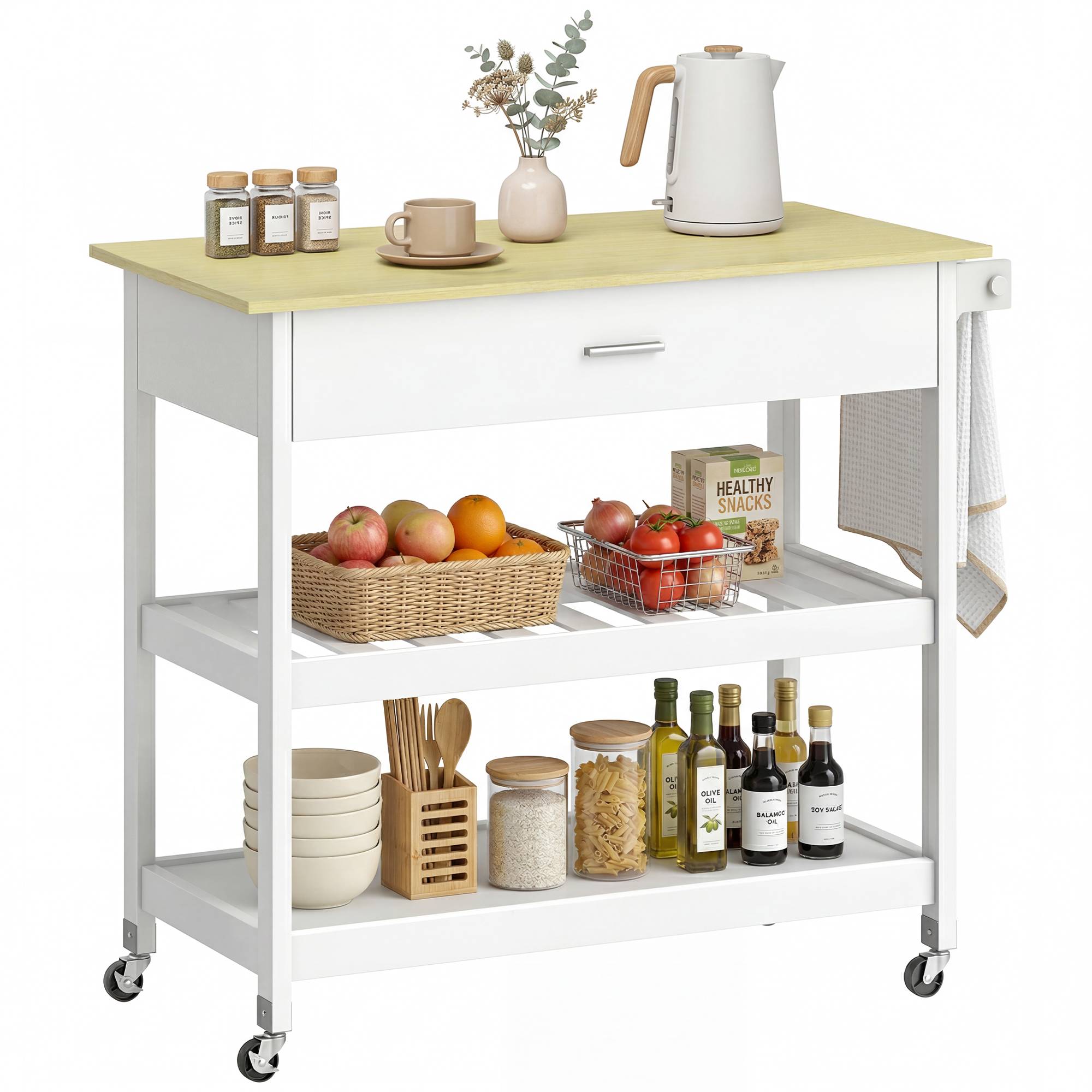 Desserte de cuisine à roulettes, îlot central cuisine avec plan de travail, tiroir, étagères, porte-serviettes, blanc - Image 2