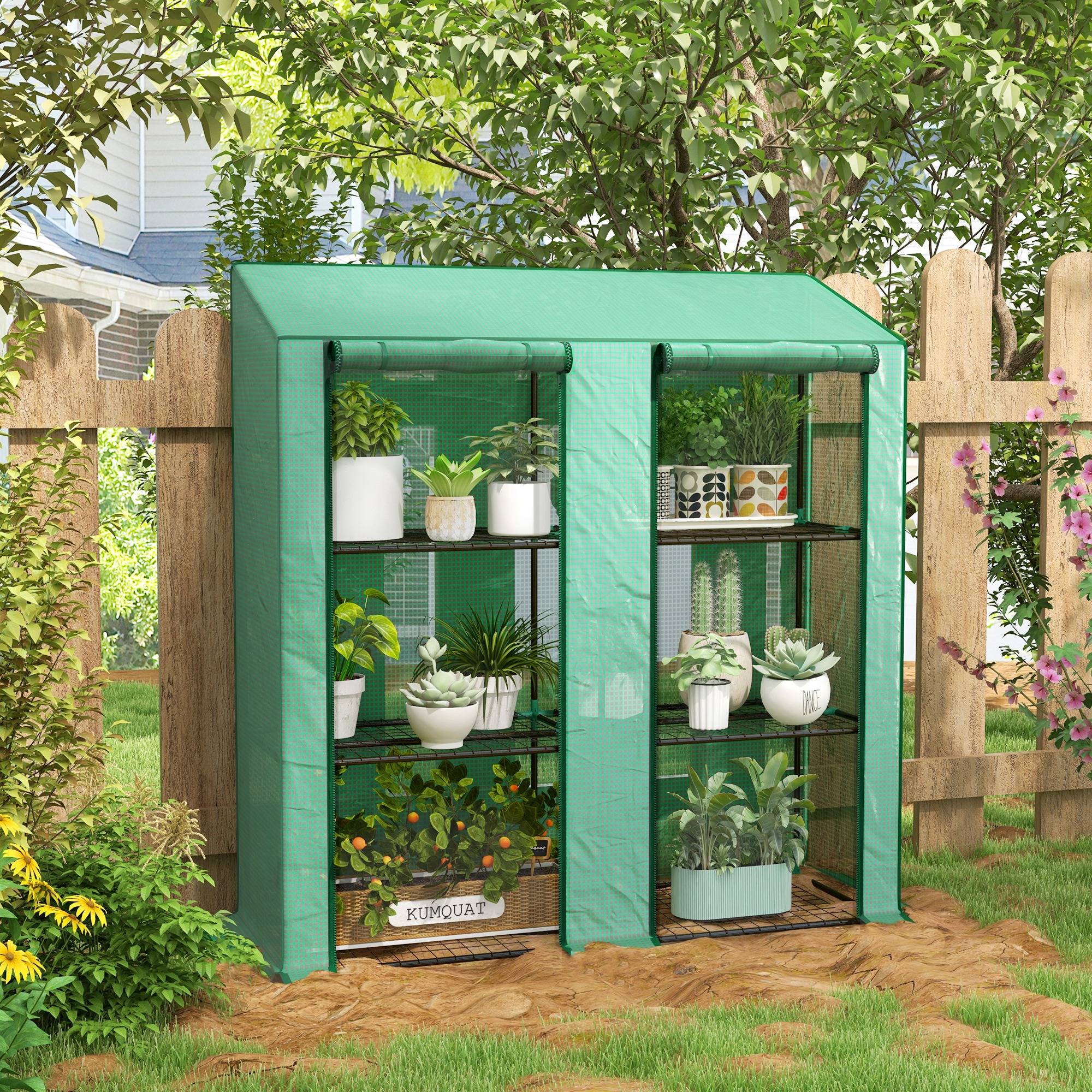 Serre de balcon acier PE 3 étages pour plantes avec housse renforcée 143x46x151cm vert - ComfortXL Outdoor Living - Image 3