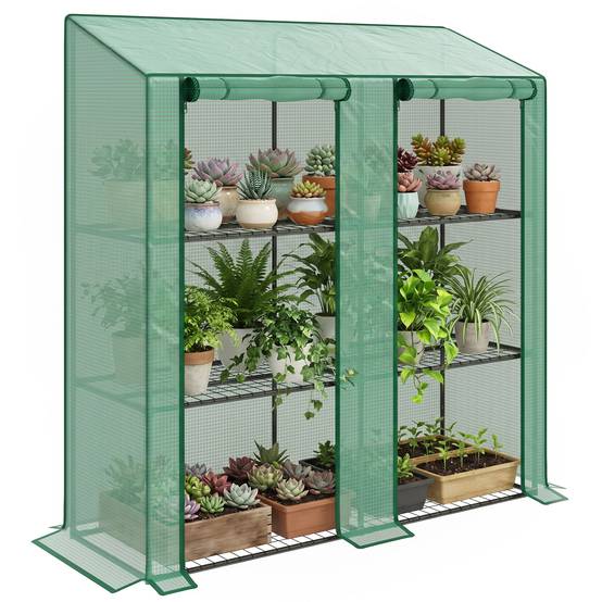 Serre de balcon acier PE 3 étages pour plantes avec housse renforcée 143x46x151cm vert - ComfortXL Outdoor Living - Image 1