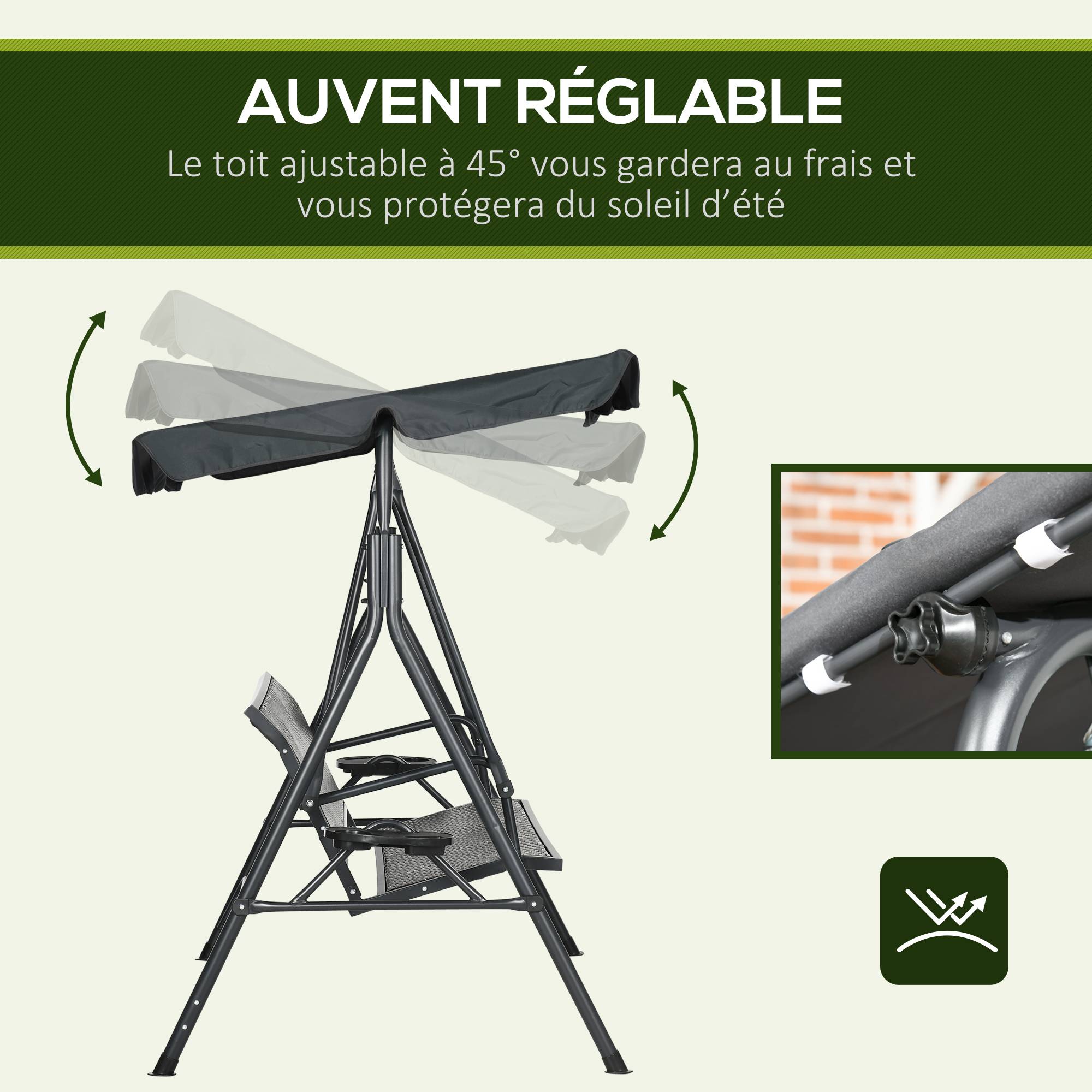 Balancelle 3 places acier jardin extérieur toit inclinable plateaux 204x112x150cm gris foncé - ComfortXL Outdoor Living - Image 7
