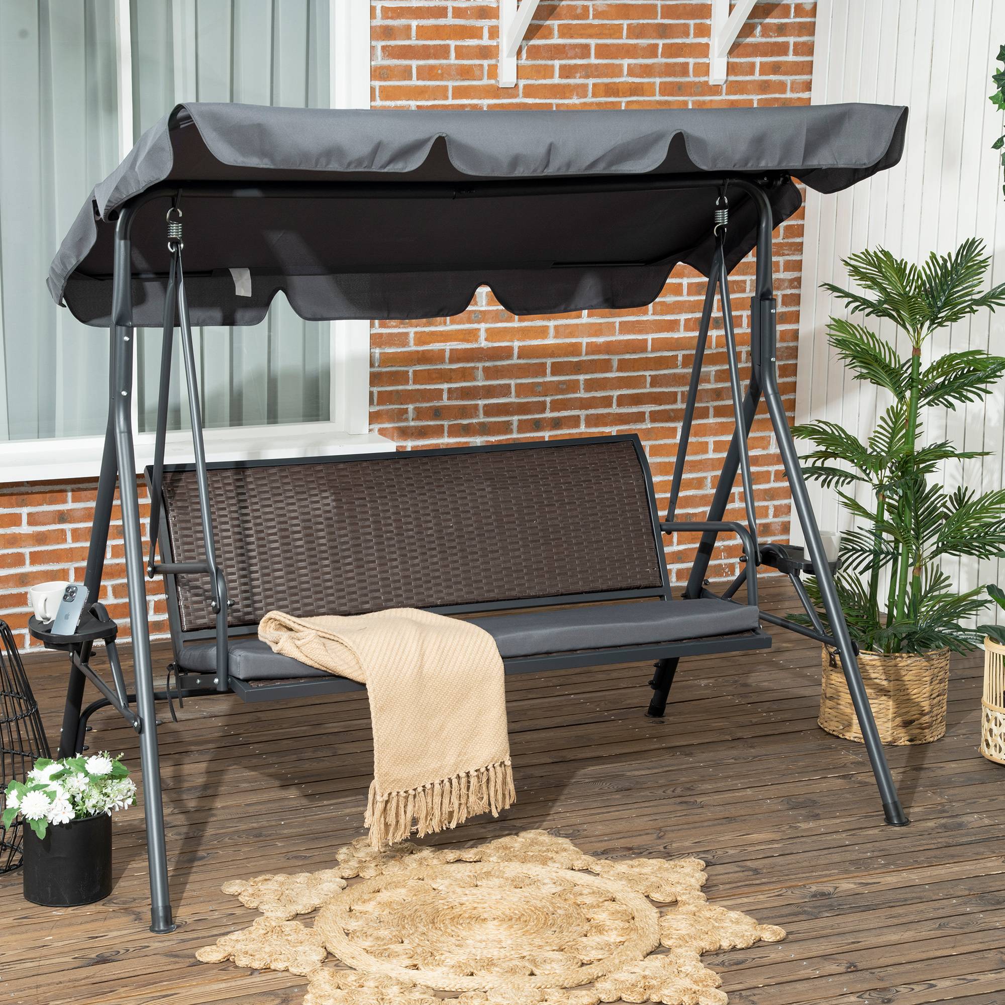 Balancelle 3 places acier jardin extérieur toit inclinable plateaux 204x112x150cm gris foncé - ComfortXL Outdoor Living - Image 4