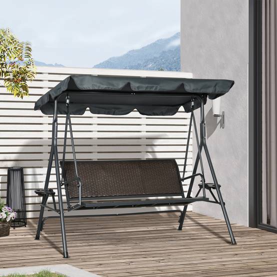 Balancelle 3 places acier jardin extérieur toit inclinable plateaux 204x112x150cm gris foncé - ComfortXL Outdoor Living - Image 3