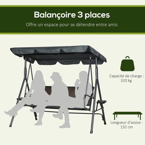 Balancelle 3 places acier jardin extérieur toit inclinable plateaux 204x112x150cm gris foncé - ComfortXL Outdoor Living - Image 6