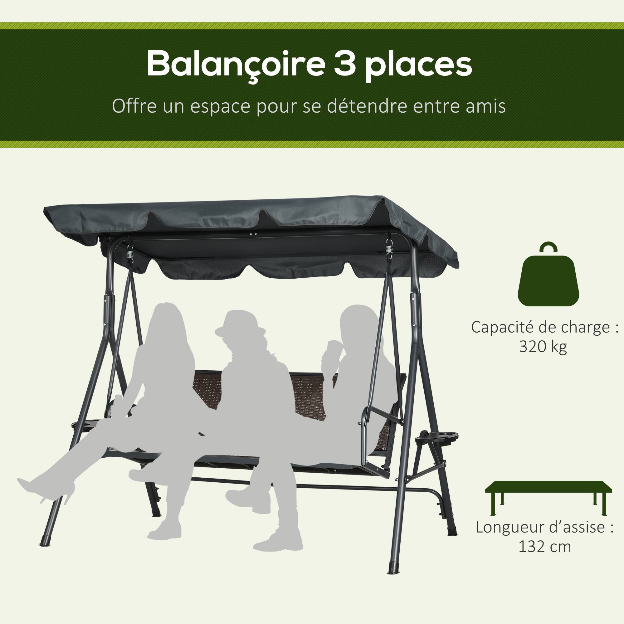 Balancelle 3 places acier jardin extérieur toit inclinable plateaux 204x112x150cm gris foncé - ComfortXL Outdoor Living - Image 6