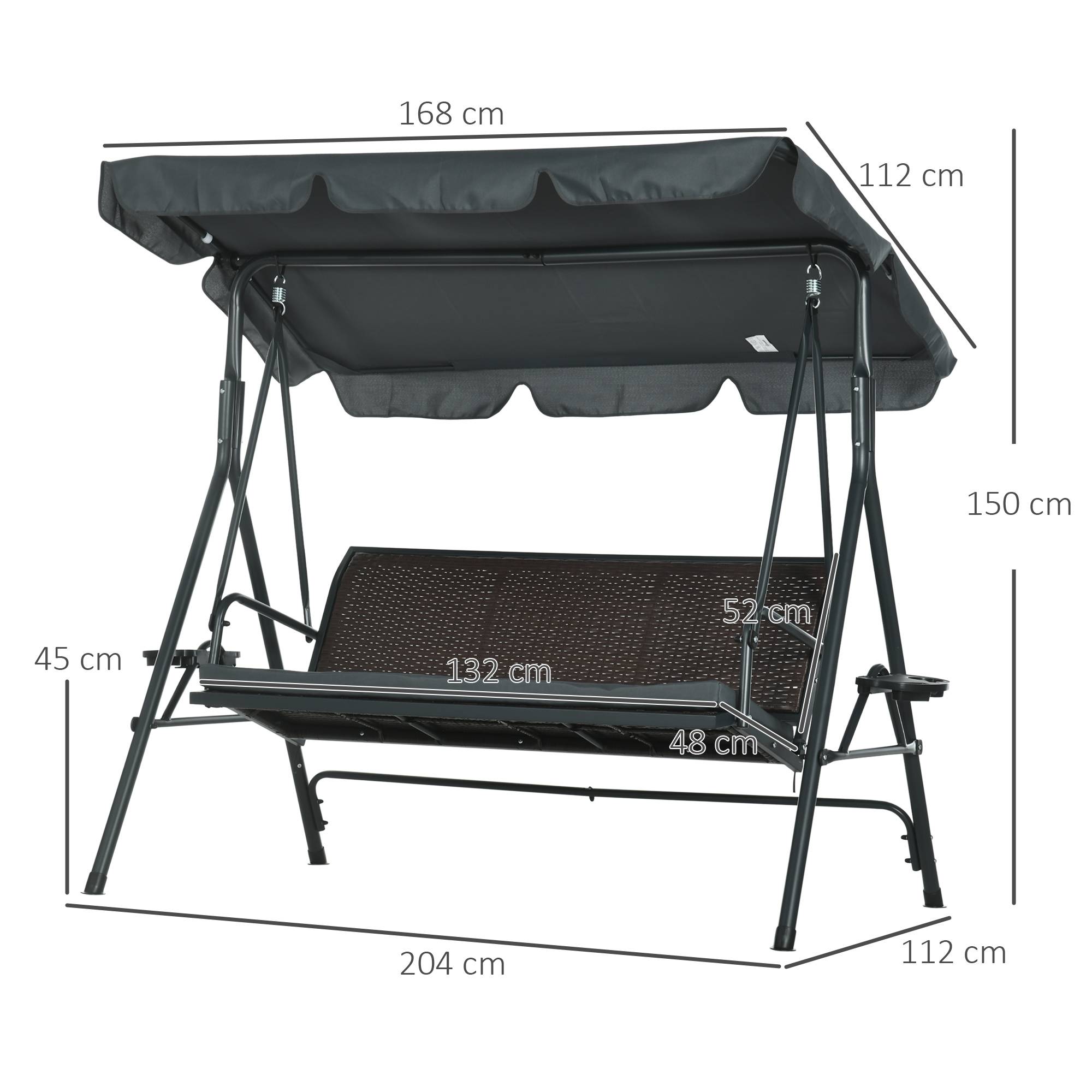Balancelle 3 places acier jardin extérieur toit inclinable plateaux 204x112x150cm gris foncé - ComfortXL Outdoor Living - Image 5