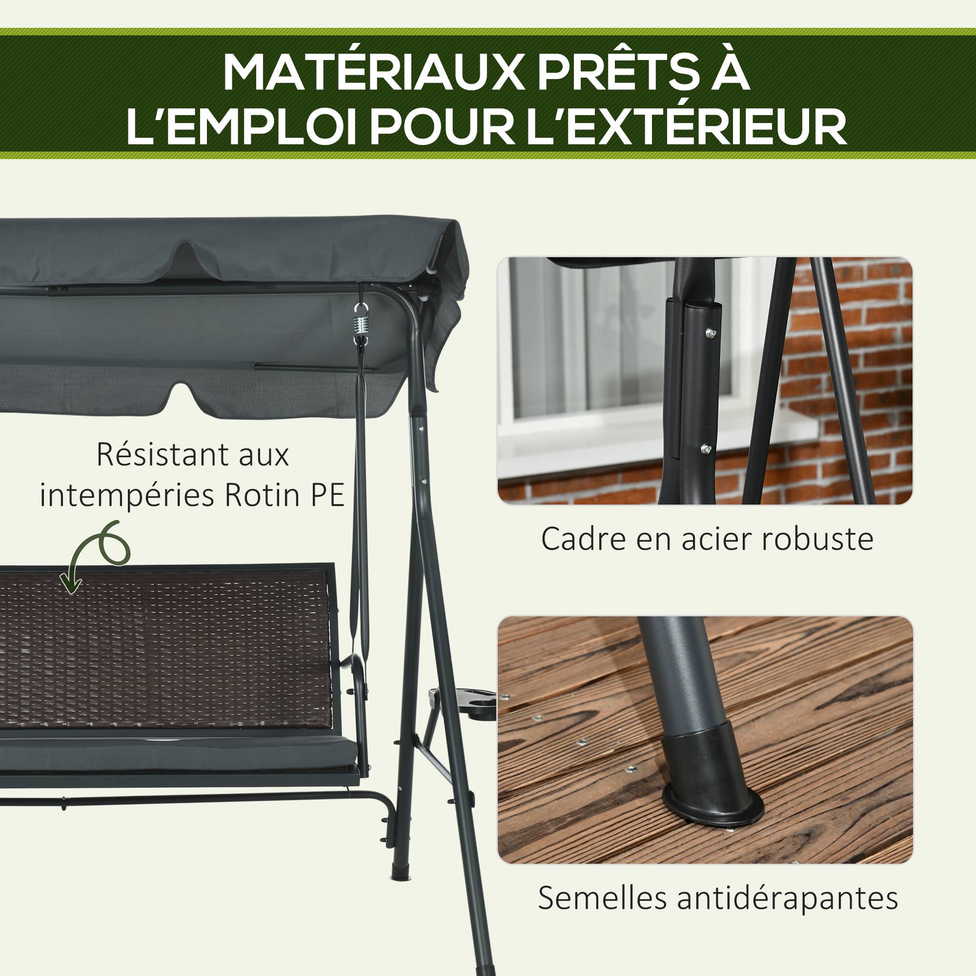 Balancelle 3 places acier jardin extérieur toit inclinable plateaux 204x112x150cm gris foncé - ComfortXL Outdoor Living - Image 8