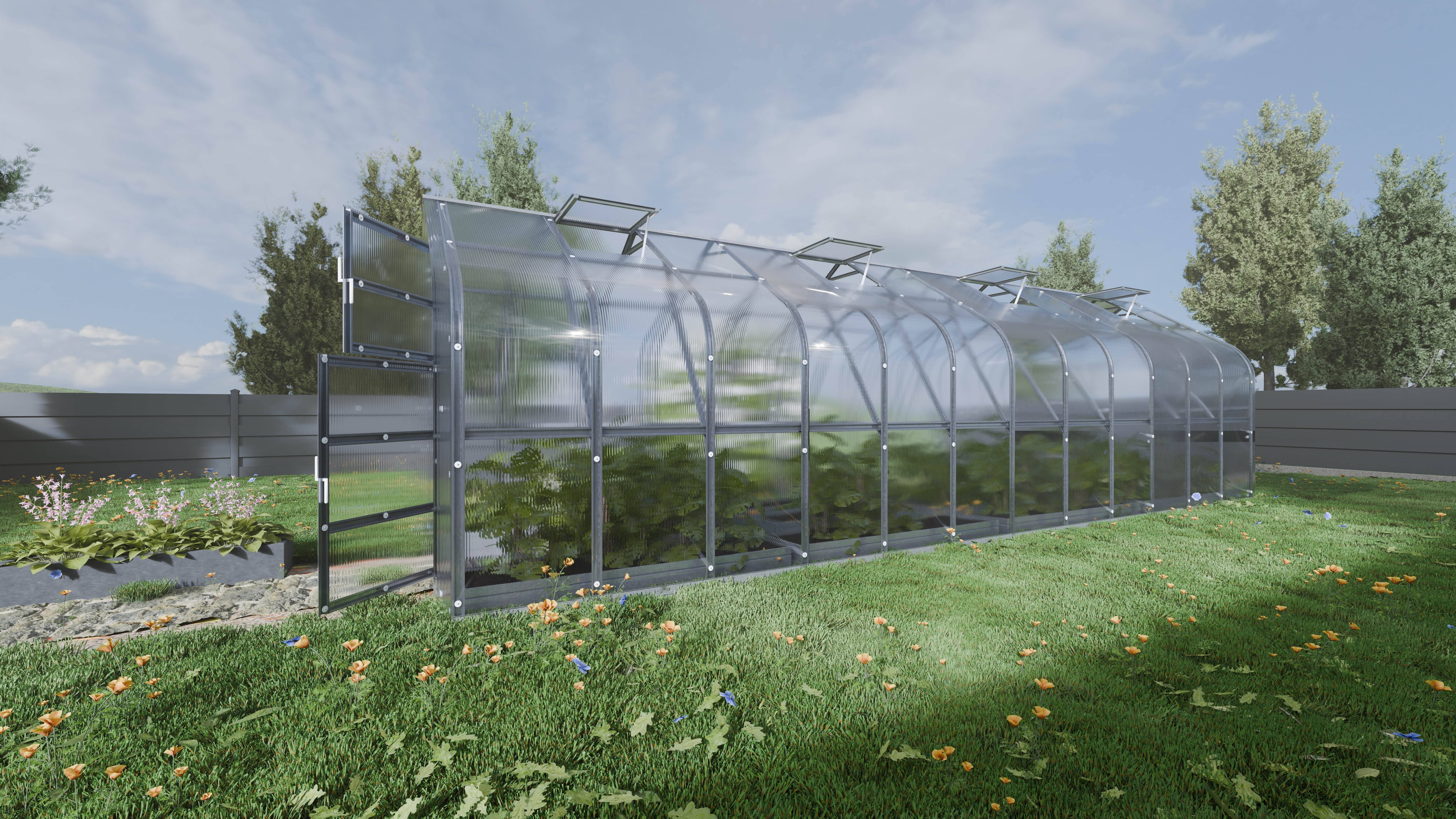 Serre KLASIKA Standard 20m2, 2,5m x 8m, 4 mm avec revêtement en polycarbonate (Avec 4 toits ouvrants automatiques) - Image 2