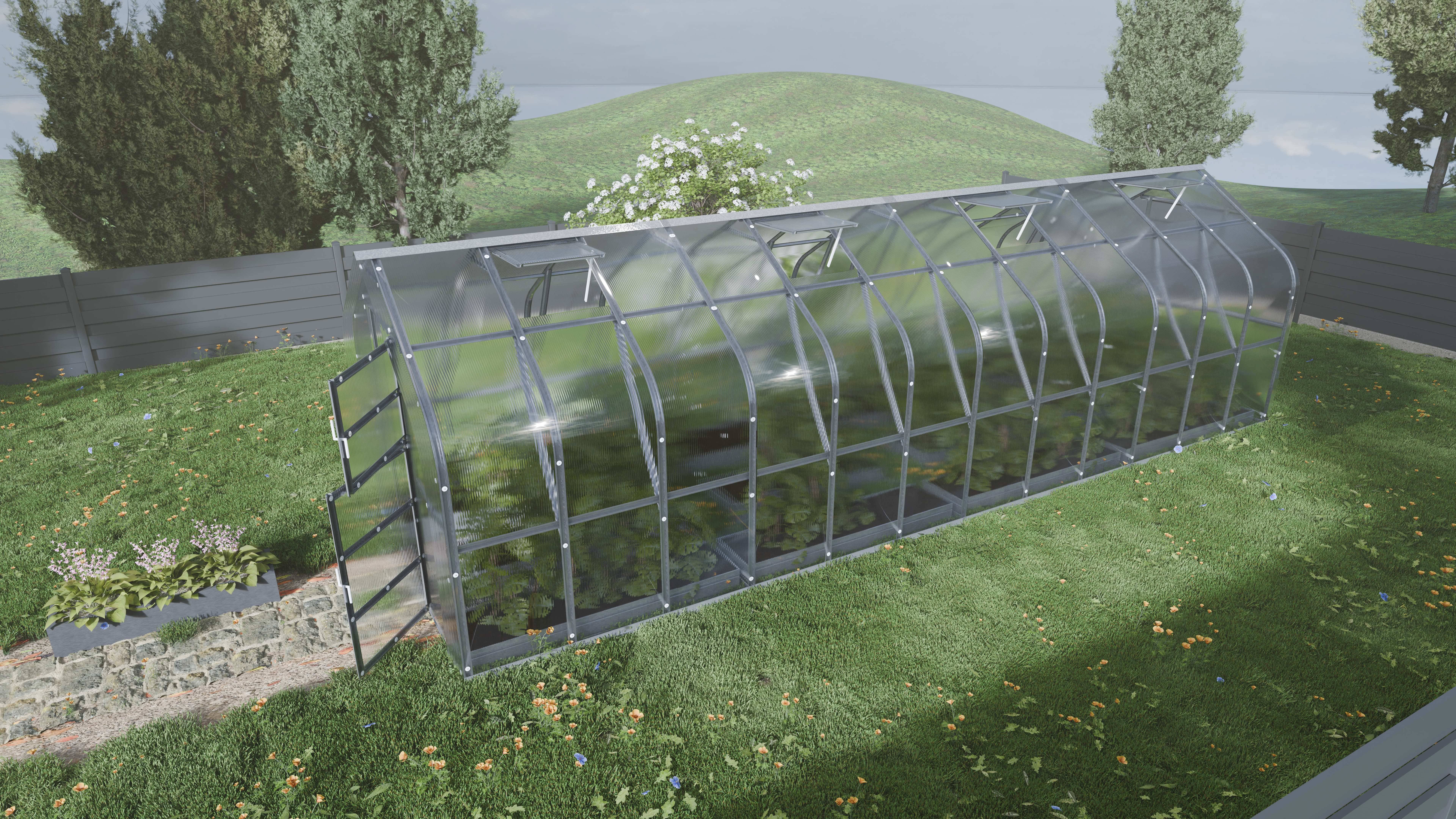 Serre KLASIKA Standard 20m2, 2,5m x 8m, 4 mm avec revêtement en polycarbonate (Avec 4 toits ouvrants automatiques) - Image 1