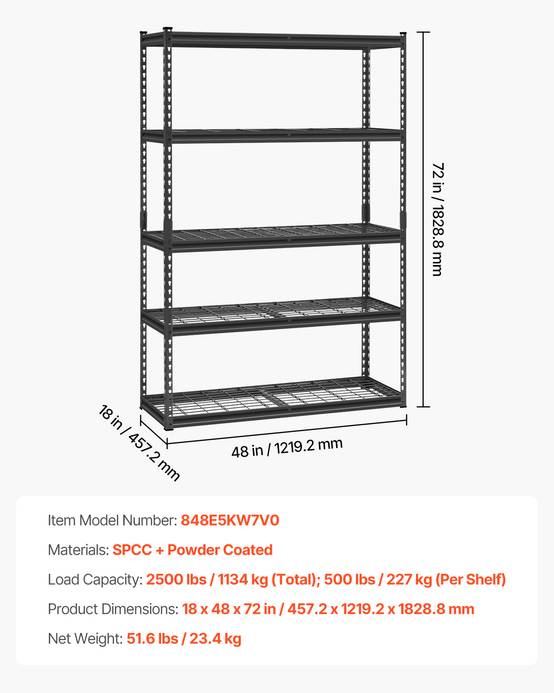 VEVOR Étagère rangement 1134kg, métal 5 niveaux, 457.2x1219.2x1828.8mm. - Image 7
