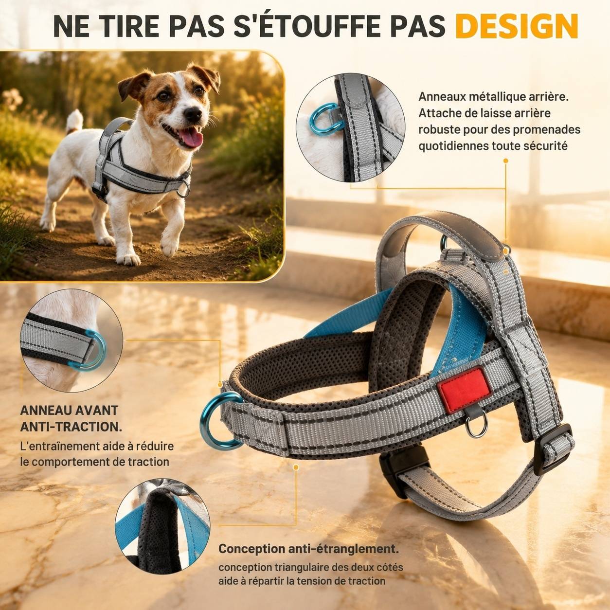 Harnais Anti Traction pour Chien Petit et Moyen Réglable Respirant Réfléchissant Poignée Rembourrée - Image 3