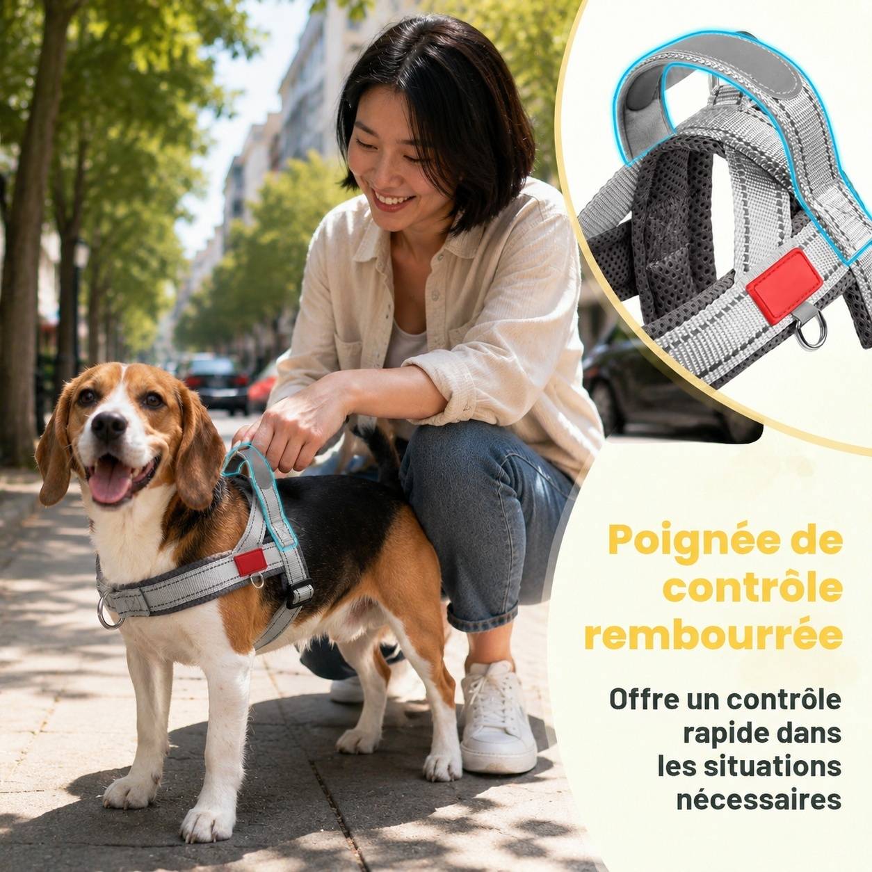 Harnais Anti Traction pour Chien Petit et Moyen Réglable Respirant Réfléchissant Poignée Rembourrée - Image 4