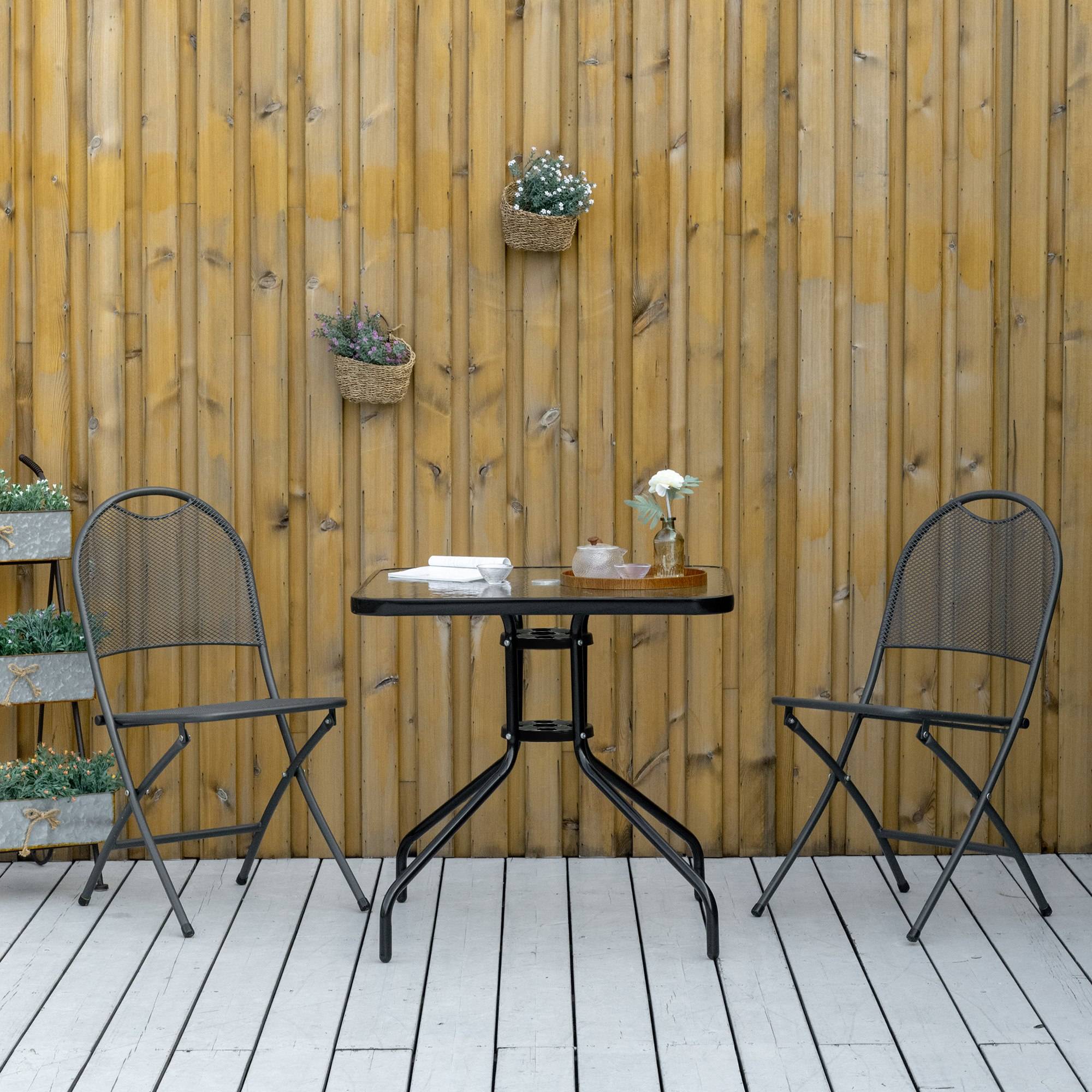 Table de jardin carrée métal verre terrasse trou pour parasol 76x76cm noir - ComfortXL Outdoor Living - Image 4