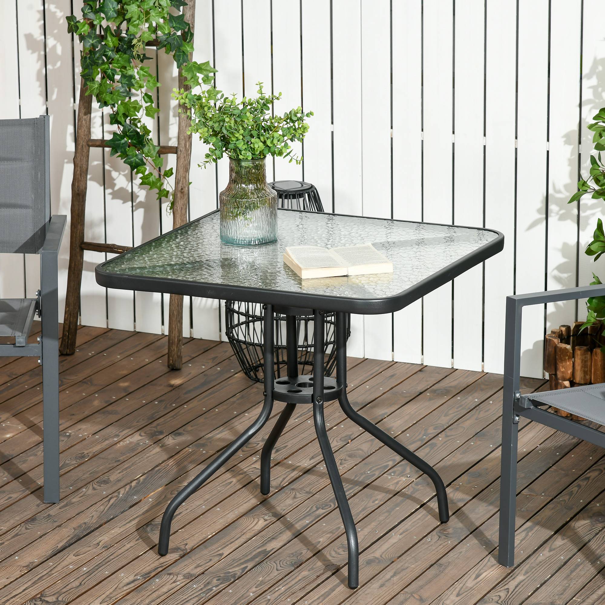 Table de jardin carrée métal verre terrasse trou pour parasol 76x76cm noir - ComfortXL Outdoor Living - Image 3