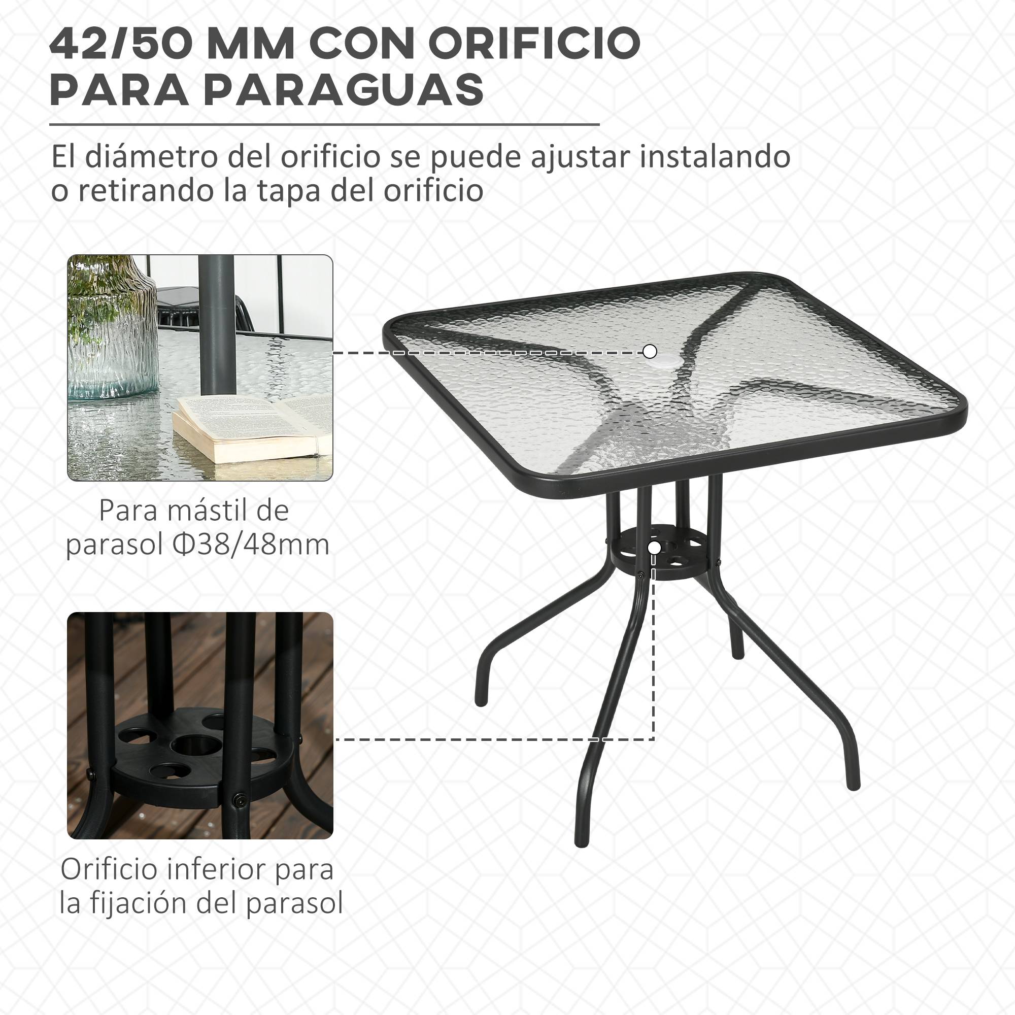 Table de jardin carrée métal verre terrasse trou pour parasol 76x76cm noir - ComfortXL Outdoor Living - Image 6