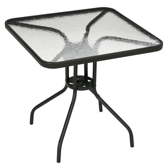 Table de jardin carrée métal verre terrasse trou pour parasol 76x76cm noir - ComfortXL Outdoor Living - Image 1