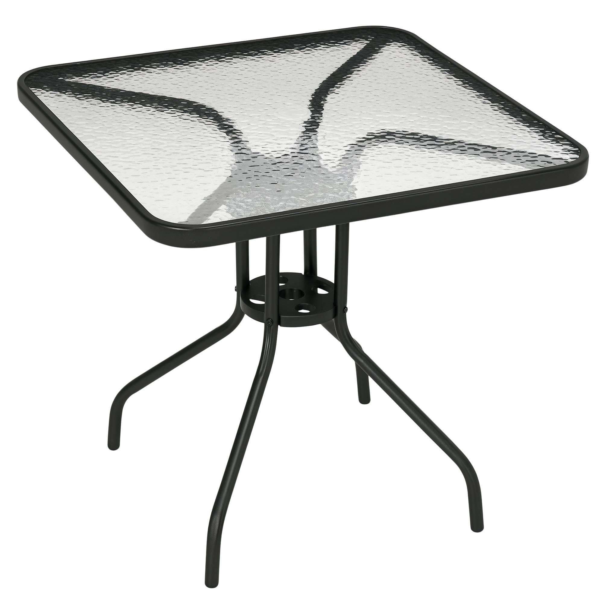 Table de jardin carrée métal verre terrasse trou pour parasol 76x76cm noir - ComfortXL Outdoor Living - Image 1