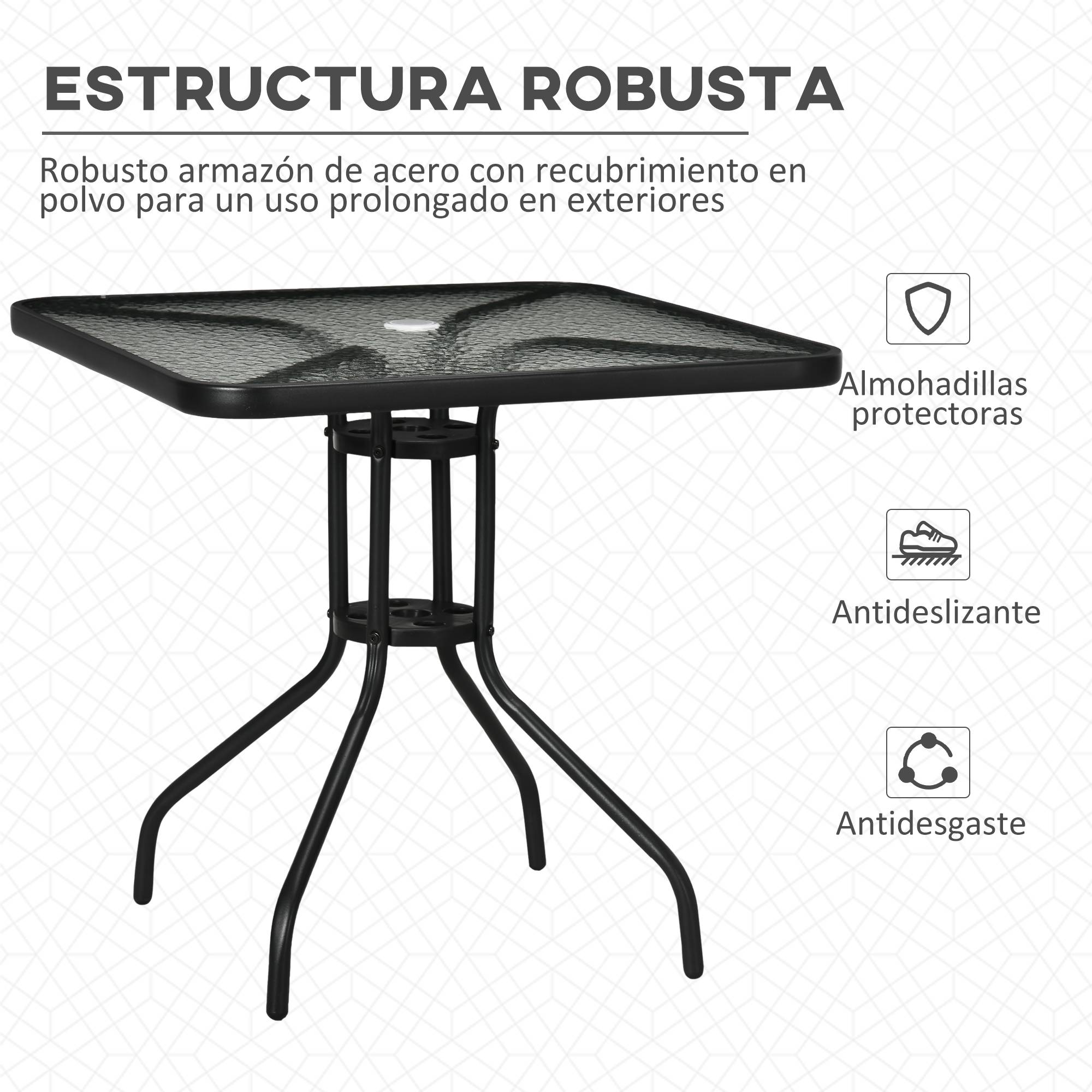 Table de jardin carrée métal verre terrasse trou pour parasol 76x76cm noir - ComfortXL Outdoor Living - Image 8