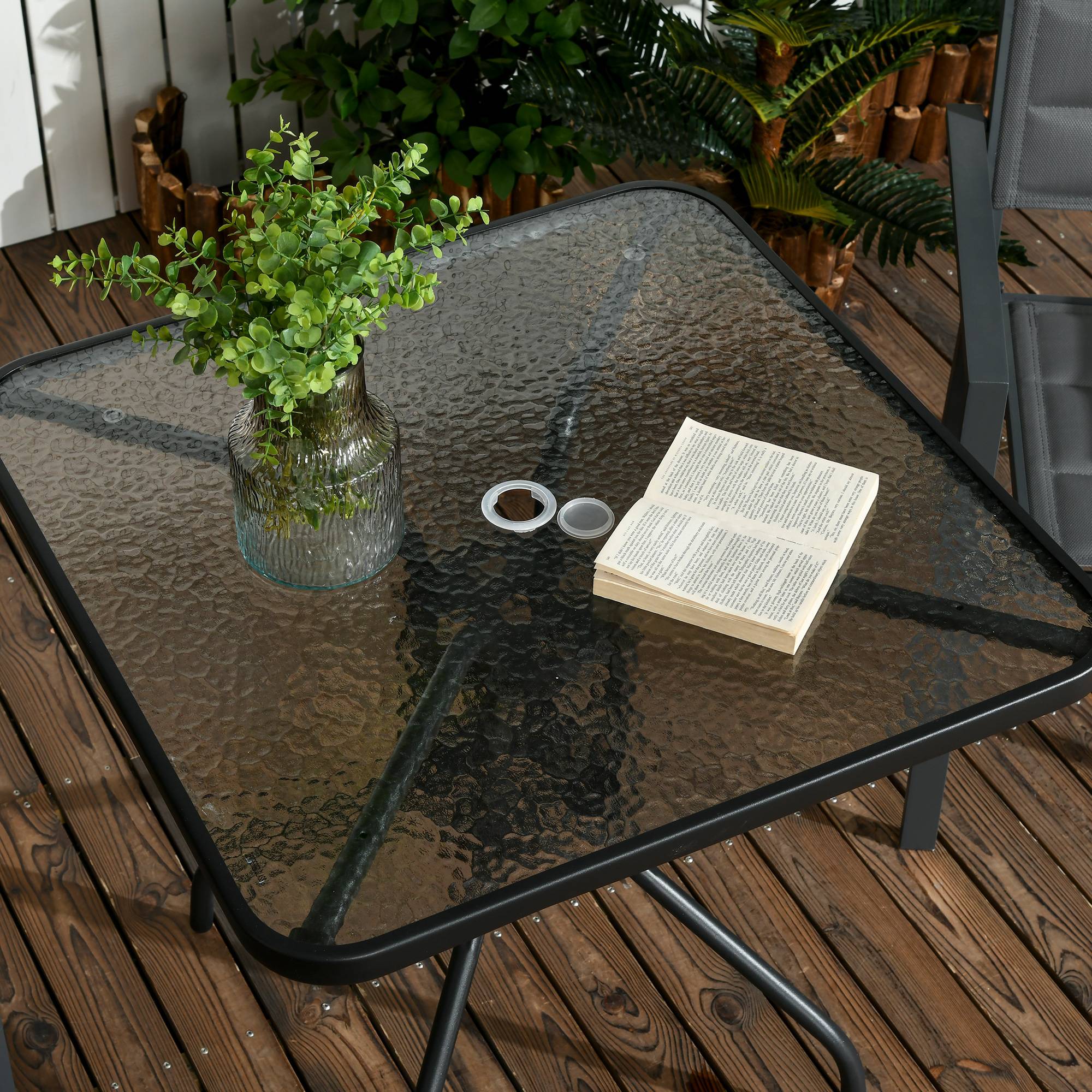 Table de jardin carrée métal verre terrasse trou pour parasol 76x76cm noir - ComfortXL Outdoor Living - Image 9