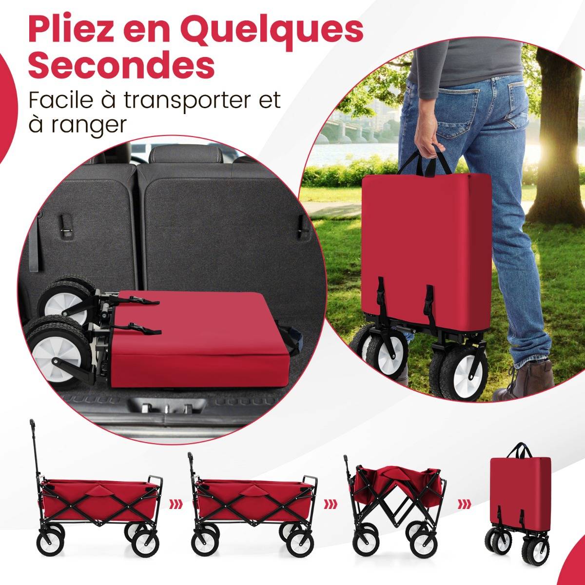 Chariot De Transport Pliable 82 L - Robuste, Poignée Réglable, Porte-bouteille, Multicolore