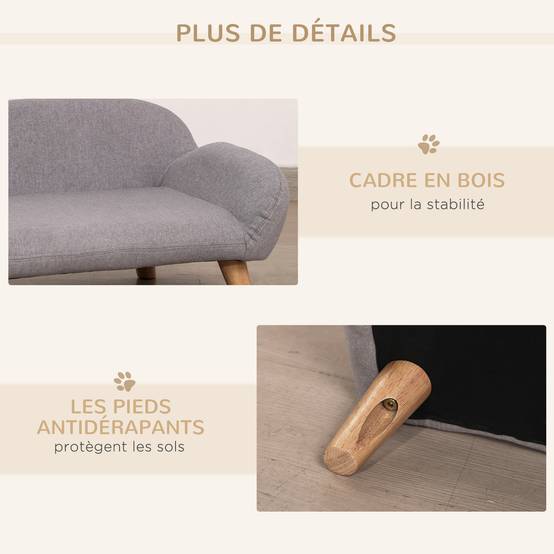 Canapé pour chien canapé pour animal de compagnie style scandinave pieds effilés en bois revêtement tissu 72 x 44 x 31 cm - gris - Image 9