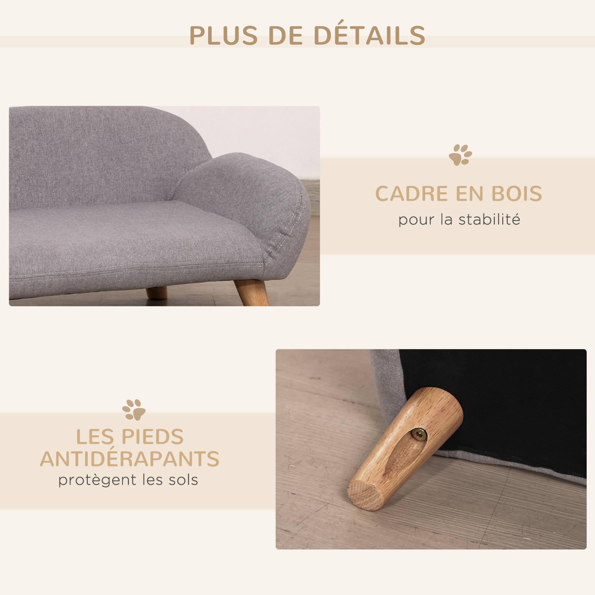 Canapé pour chien canapé pour animal de compagnie style scandinave pieds effilés en bois revêtement tissu 72 x 44 x 31 cm - gris - Image 9