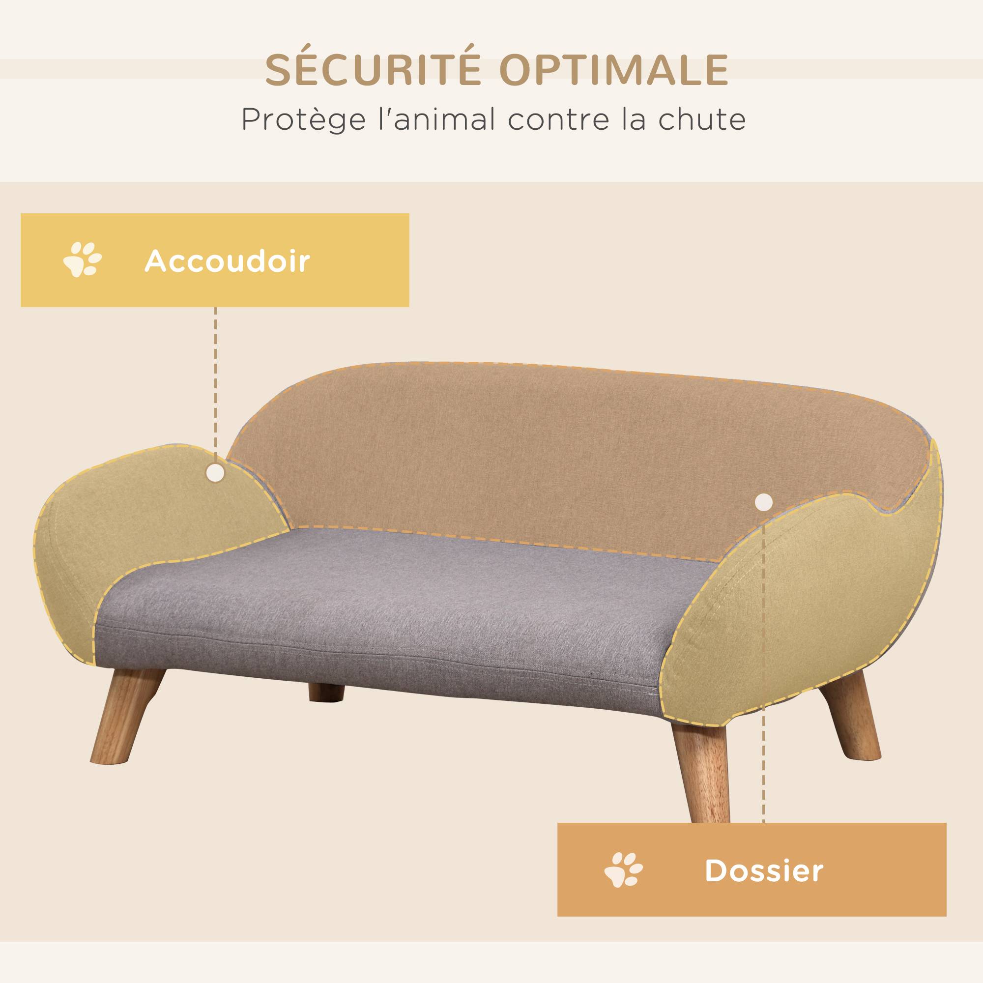 Canapé pour chien canapé pour animal de compagnie style scandinave pieds effilés en bois revêtement tissu 72 x 44 x 31 cm - gris - Image 7