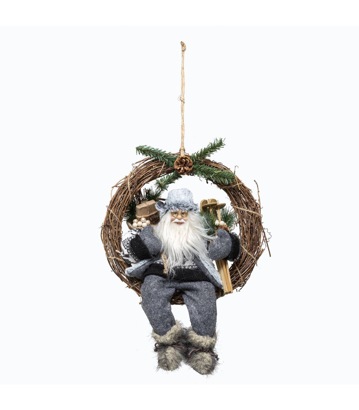 Fééric Lights & Christmas - Couronne de  Noël avec Père Noël skieur en fourrure grise