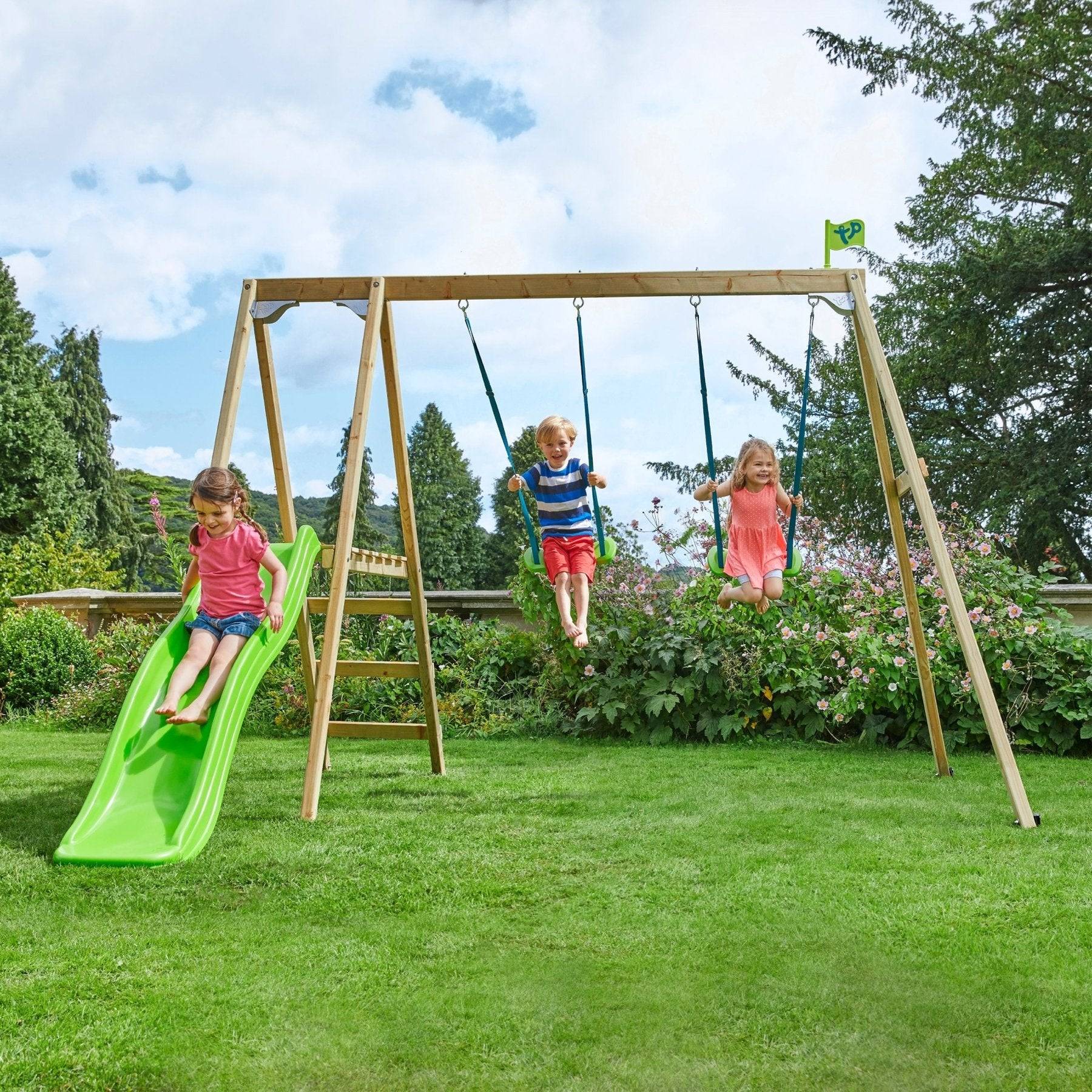 Tp Toys - Portique bois Thymelee H.200 cm avec 2 balançoires, toboggan, échelle et kit d’ancrage – TP TOYS - Imagen 1