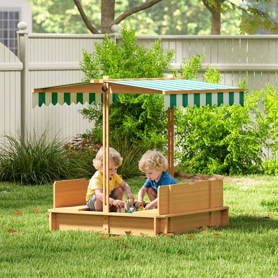 Bac à sable en bois naturel auvent ajustable 2 bancs dossiers amovibles 106 × 106 × 115 cm extérieur - Image 3