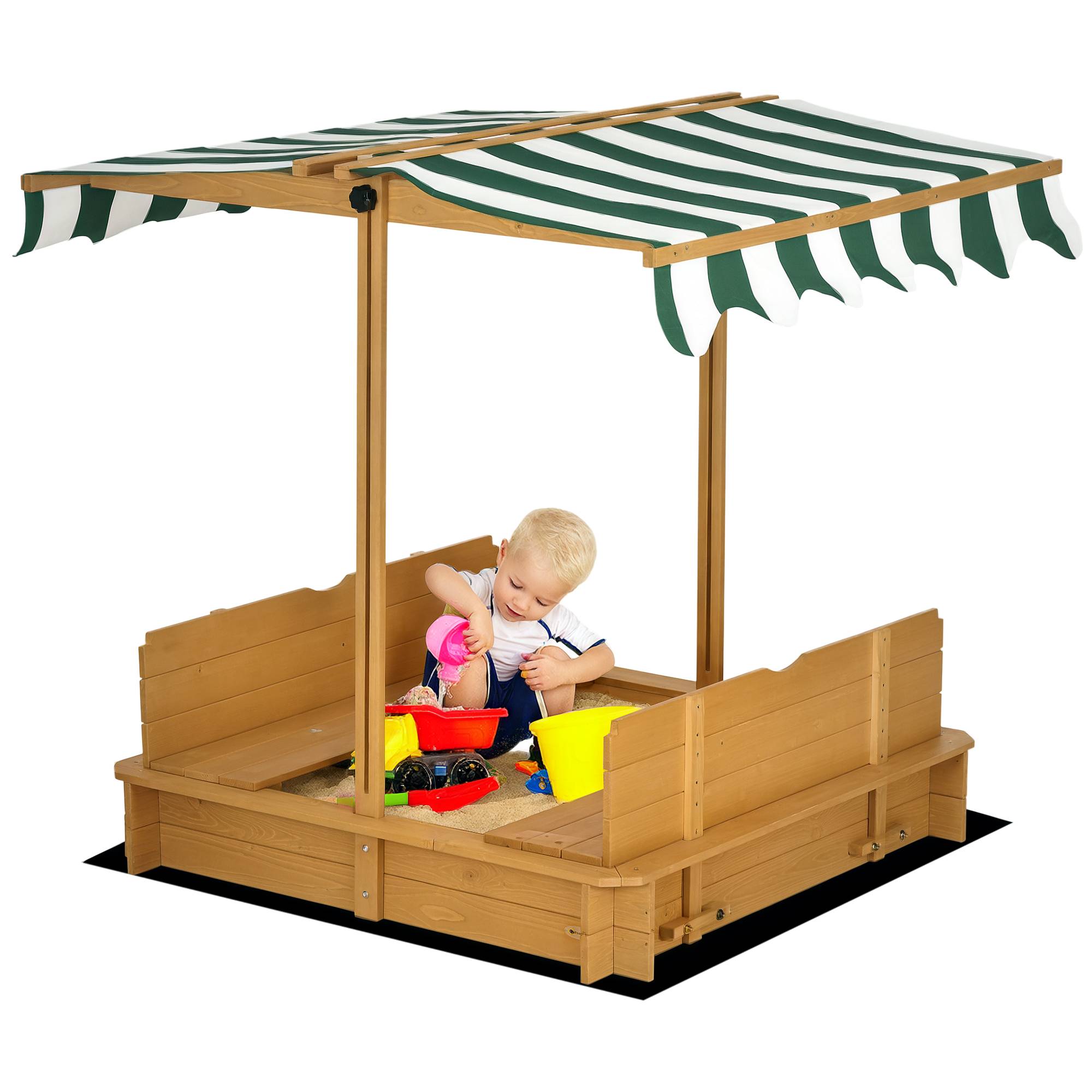Bac à sable en bois naturel auvent ajustable 2 bancs dossiers amovibles 106 × 106 × 115 cm extérieur