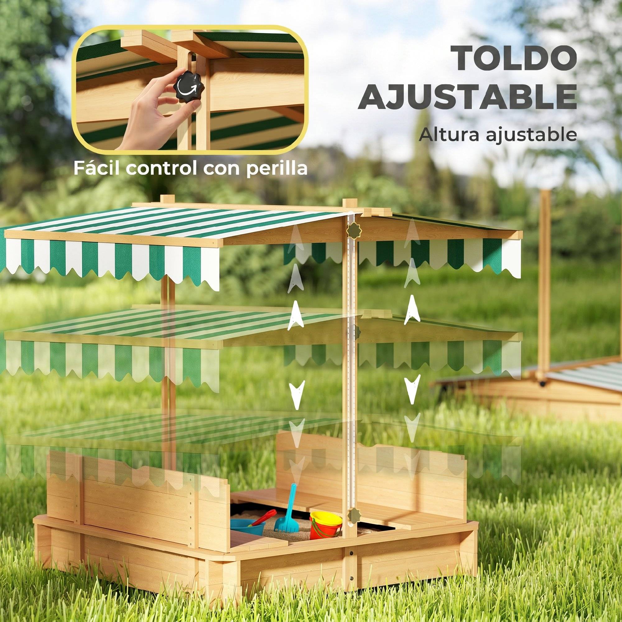 Bac à sable en bois naturel auvent ajustable 2 bancs dossiers amovibles 106 × 106 × 115 cm extérieur - Image 6