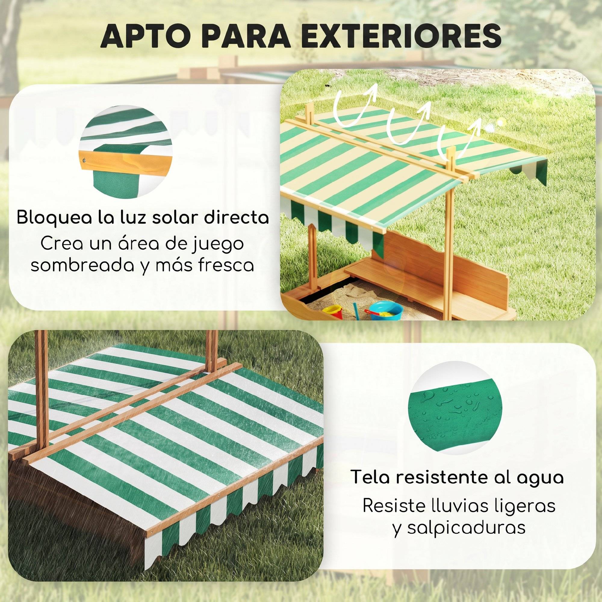 Bac à sable en bois naturel auvent ajustable 2 bancs dossiers amovibles 106 × 106 × 115 cm extérieur - Image 7
