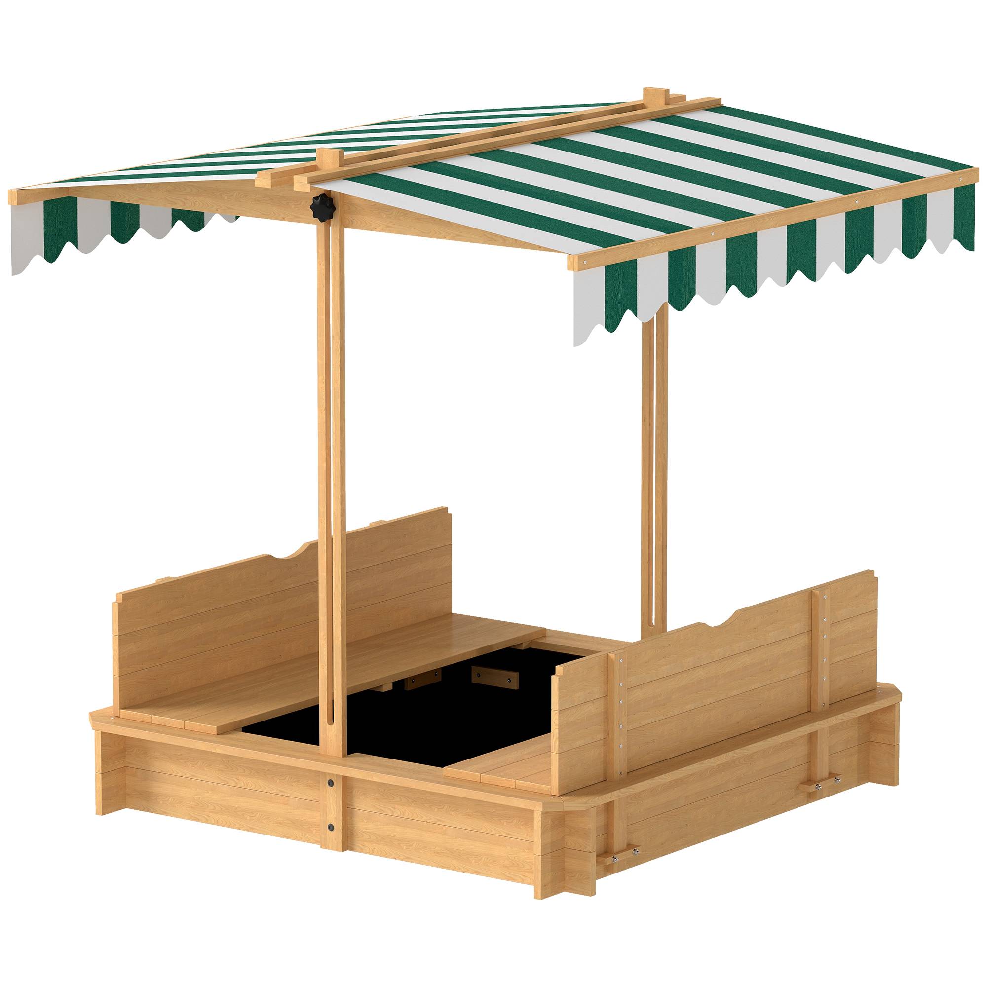 Bac à sable en bois naturel auvent ajustable 2 bancs dossiers amovibles 106 × 106 × 115 cm extérieur - Image 2