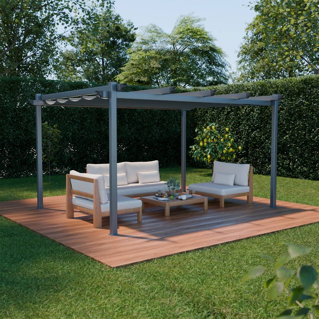 sweeek - Pergola aluminium - Isla 3x4m -  Toile grise - Tonnelle idéale pour votre terrasse. toit rétractable. toile coulissante. structure aluminium | sweeek - Image 1