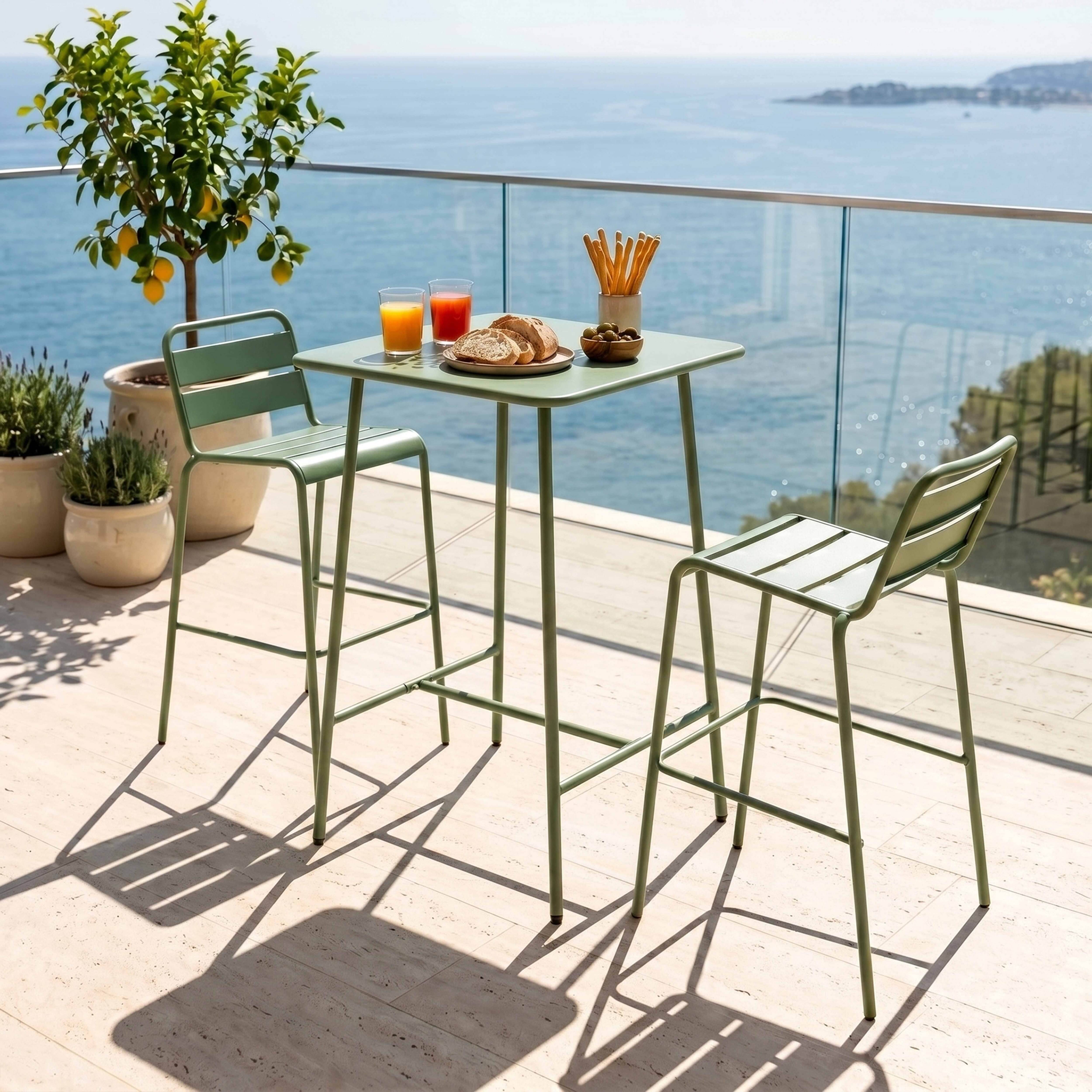 Oviala - Ensemble table de bar et 2 chaises hautes en métal vert cactus Palavas - Oviala - Imagen 2