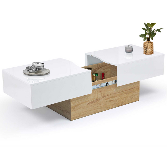Table basse coulissante rectangulaire MARTA bois imitation hêtre et blanc - Image 2