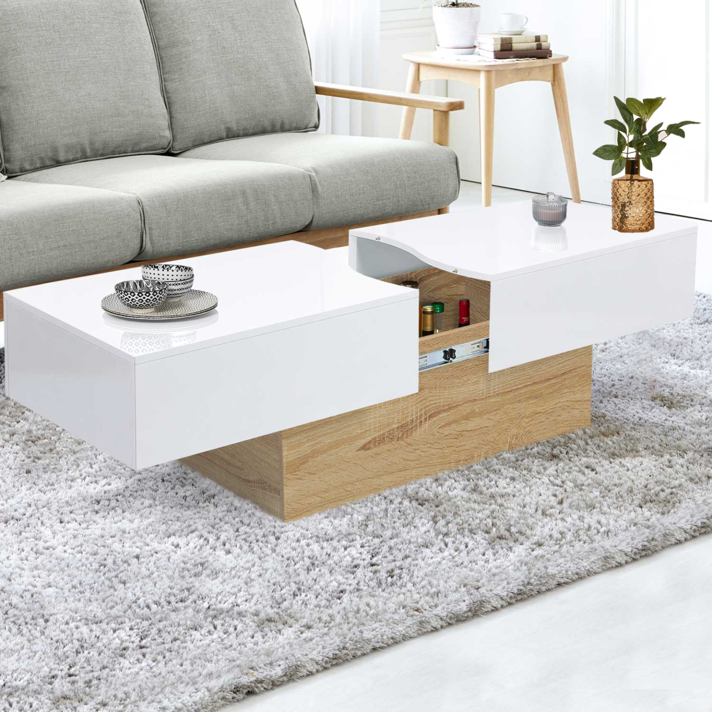 Table basse coulissante rectangulaire MARTA bois imitation hêtre et blanc - Image 1