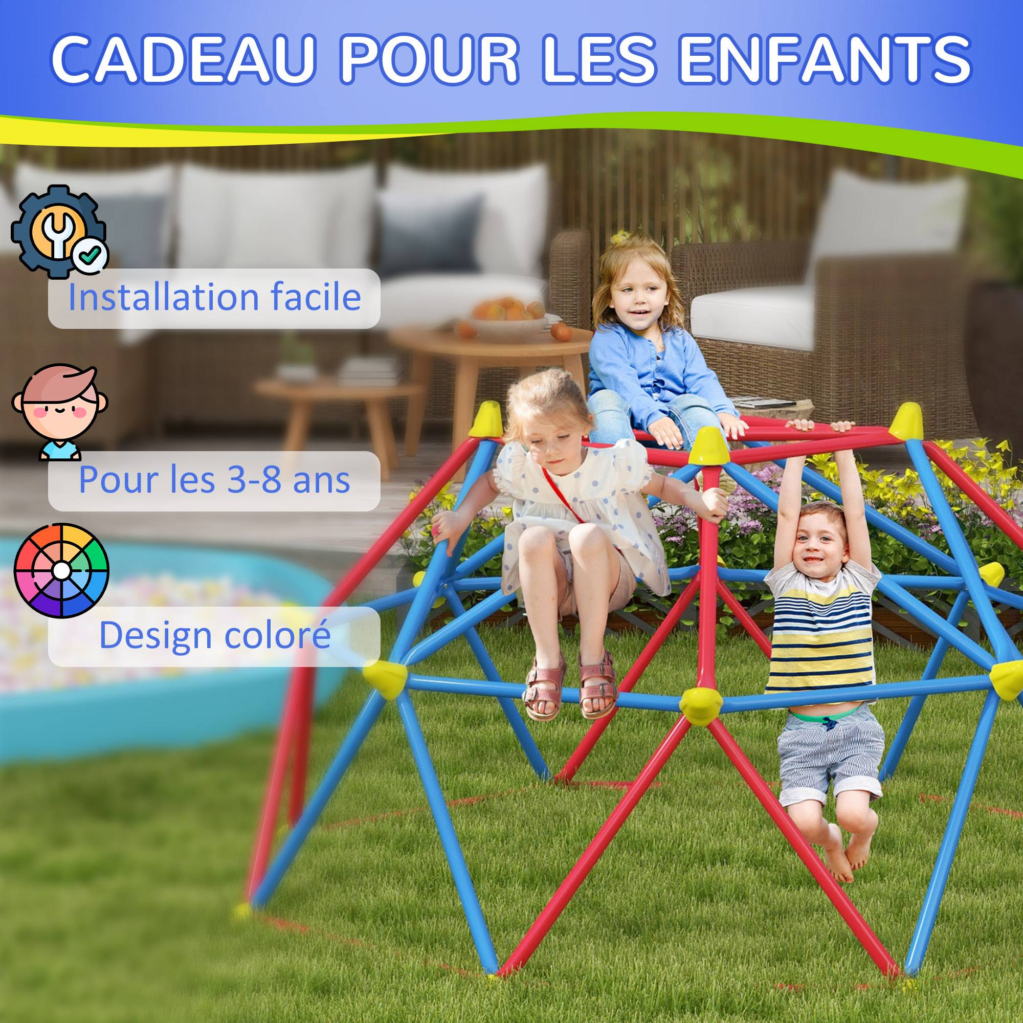 Outsunny - Dôme d'escalade enfant Ø 183 x 90H cm - nombreuses prises - charge max. reco. totale 180 Kg - métal PP multicolore - Outsunny - Imagen 6