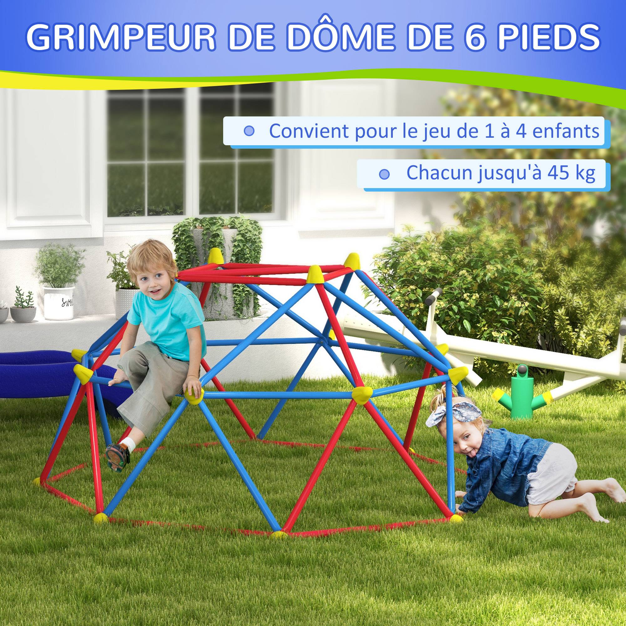 Outsunny - Dôme d'escalade enfant Ø 183 x 90H cm - nombreuses prises - charge max. reco. totale 180 Kg - métal PP multicolore - Outsunny - Imagen 9