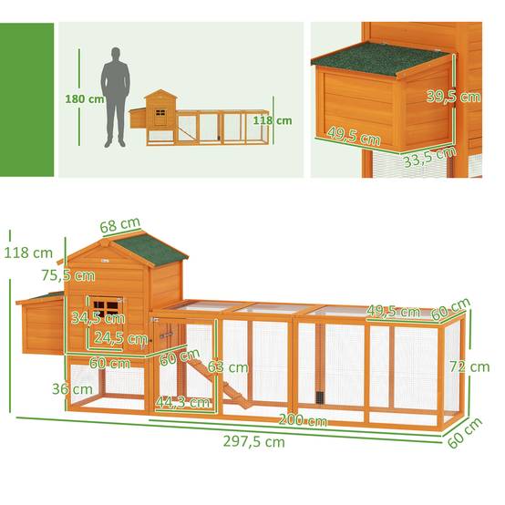 Grand poulailler en bois pour 3 à 6 poules, toit en asphalte, pondoir et plateau amovible, 297,5 x 68 x 118 cm, naturel - Image 5