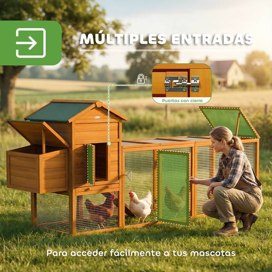Grand poulailler en bois pour 3 à 6 poules, toit en asphalte, pondoir et plateau amovible, 297,5 x 68 x 118 cm, naturel - Image 7