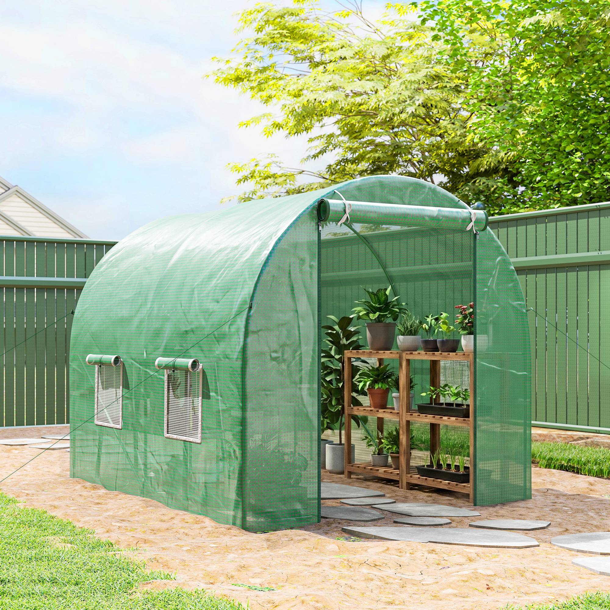 Serre de Jardin Tunnel 5 m² 2,5L x 2l x 2H m Acier renforcé Ø 1,8 cm + PE Haute densité 140 g/m² fenêtres Vert - Image 4