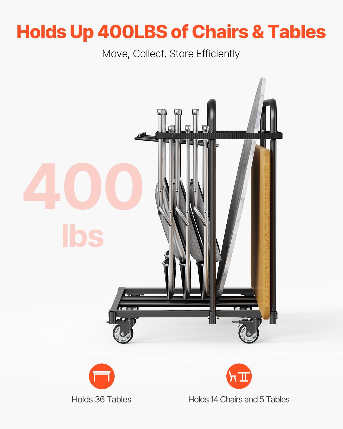 VEVOR Chariot de rangement pour 14 chaises, charge 181 kg, roues 360掳, noir mat. - Image 2
