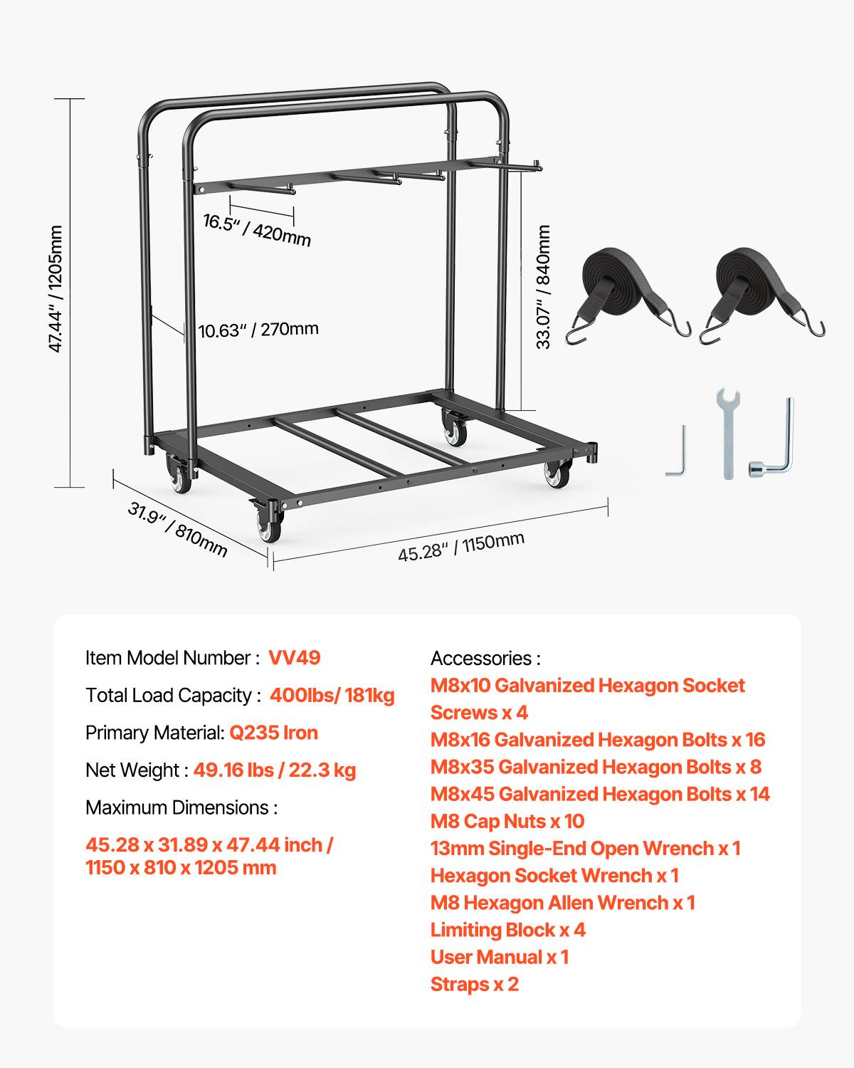 VEVOR Chariot de rangement pour 14 chaises, charge 181 kg, roues 360掳, noir mat. - Image 7
