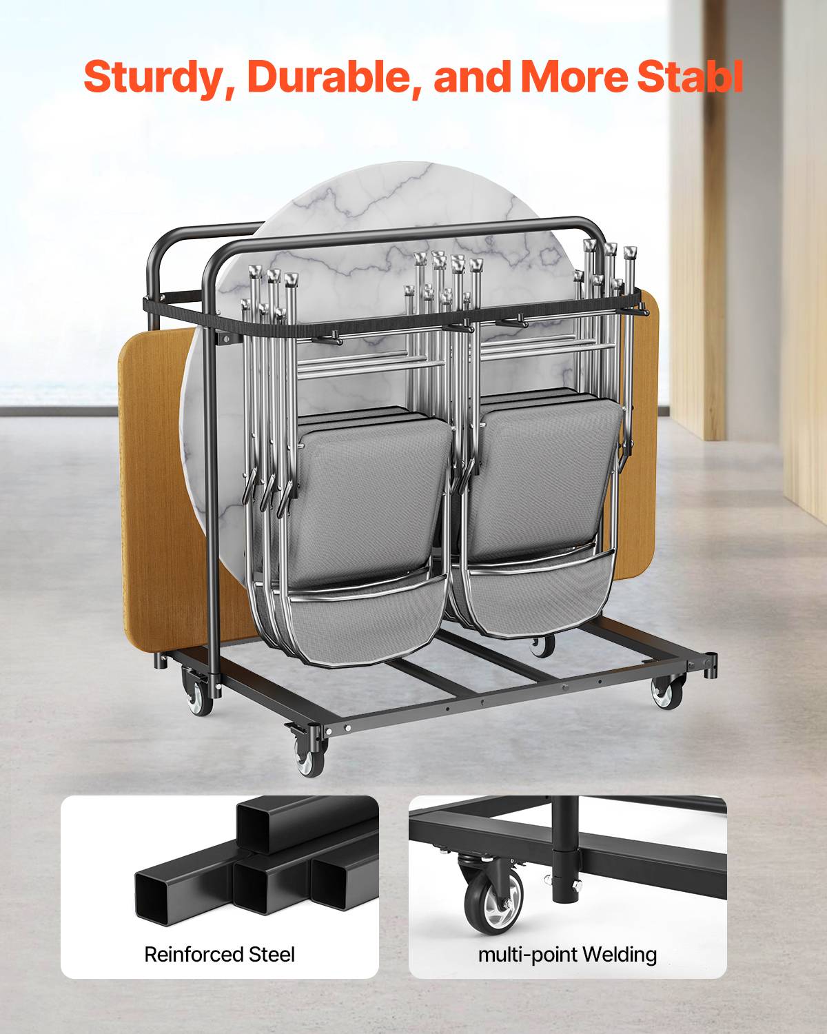 VEVOR Chariot de rangement pour 14 chaises, charge 181 kg, roues 360掳, noir mat. - Image 4