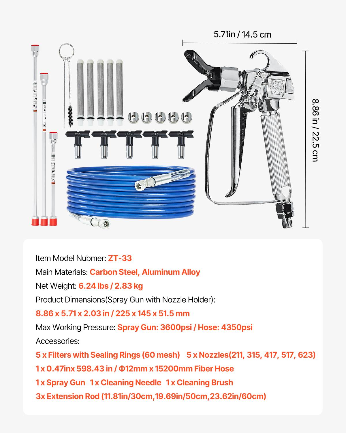 Vevor - VEVOR Kit pistolet peinture sans air, 248 bar, 5 embouts, pivotant. Filtres, tuyau, tiges extension. - Image 7