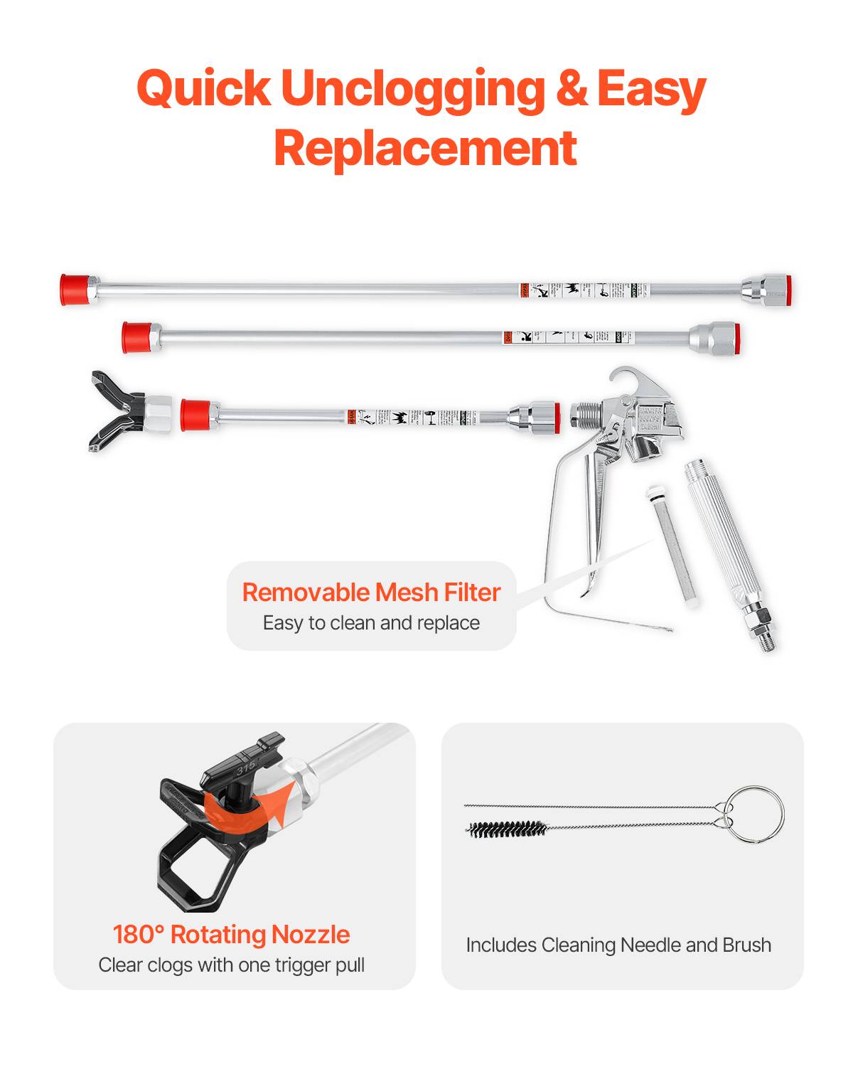 Vevor - VEVOR Kit pistolet peinture sans air, 248 bar, 5 embouts, pivotant. Filtres, tuyau, tiges extension. - Image 5